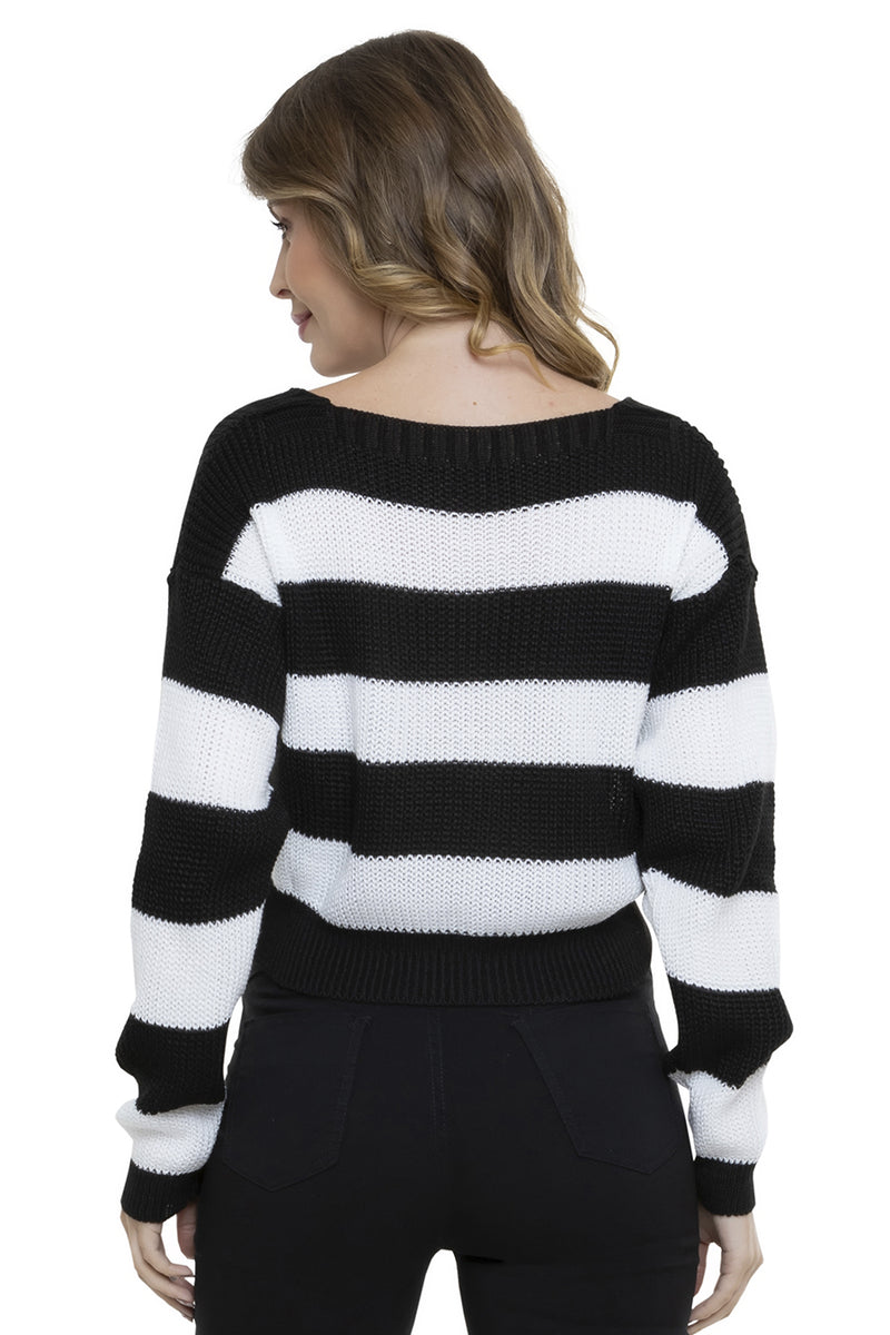 Blusa Tricot Manga Longa Gola V Listra