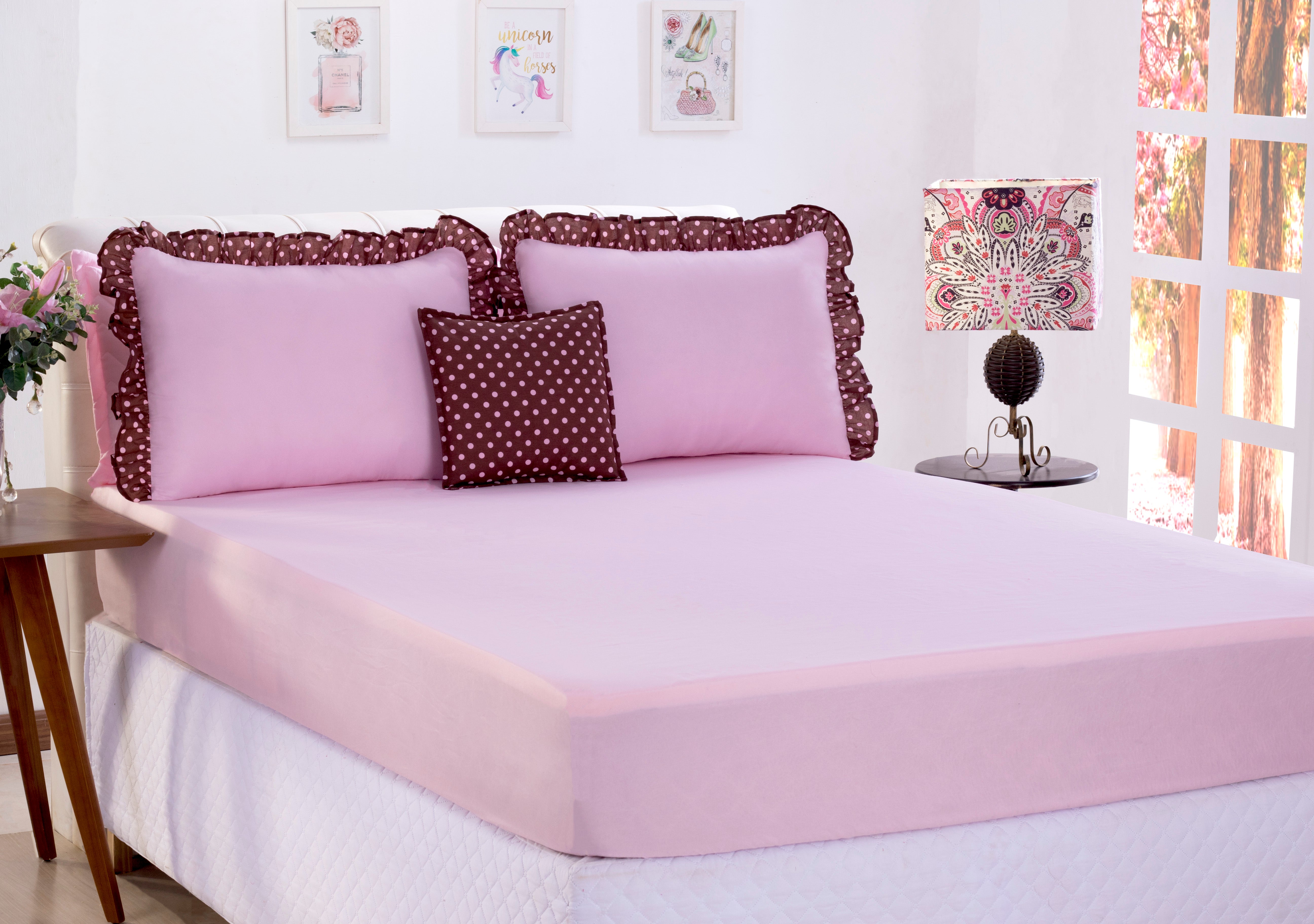 Jogo De Lençol Poa Queen Size 04 Peças Rosa