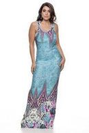 Vestido Longo Viscolycra Estampado Azul Crayon