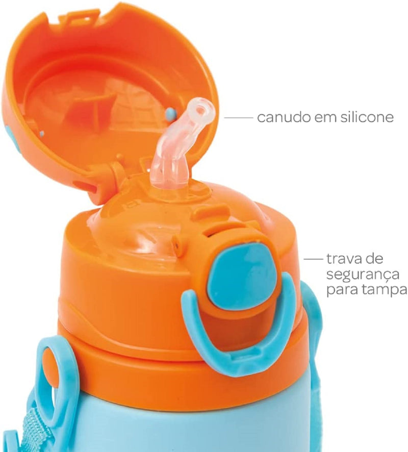 Garrafinha Aluminio Com Canudo Animal Fun Leao 400ml - Buba