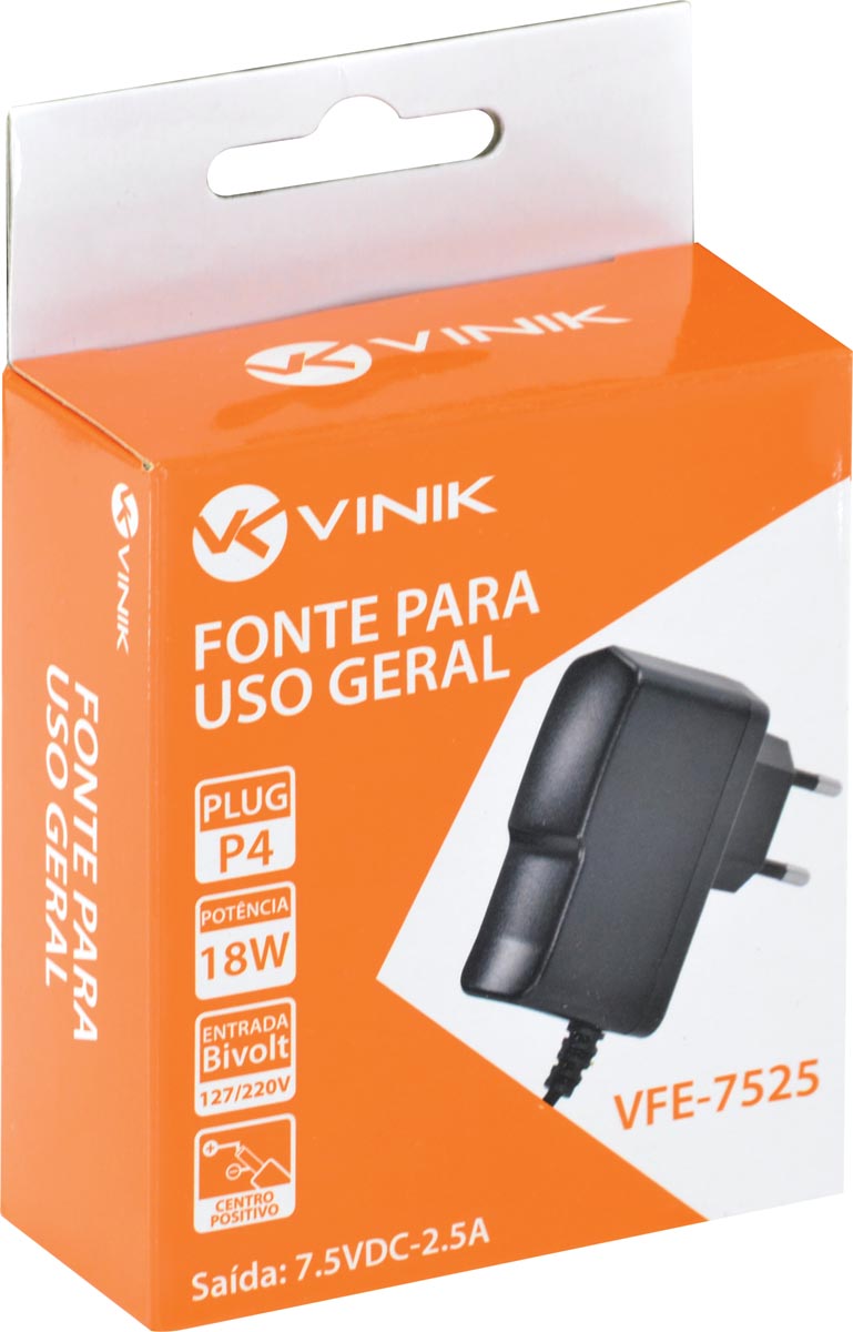 FONTE CHAVEADA 7.5V 2.5A 18W BIVOLT AUTOMATICO PLUG P4 - VFE7525