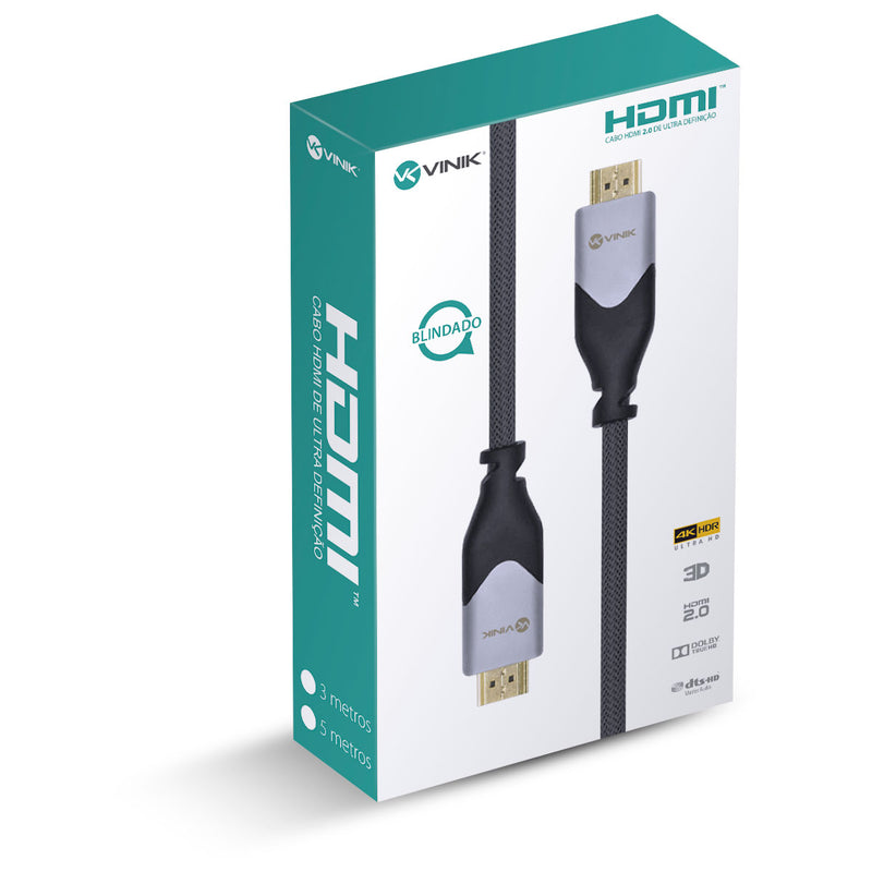 CABO HDMI 2.0 4K ULTRA HD 3D CONEXÃO ETHERNET BLINDADO EM NYLON 3 METROS - H20B-3