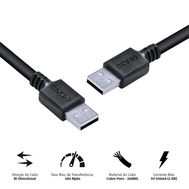 CABO DE DADOS USB A 2.0 MACHO PARA USB A 2.0 MACHO 28AWG PURO COBRE 2 METROS - PUAM2-2