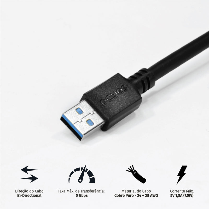 Cabo De Dados Usb A 3.0 Macho Para Usb A 3.0 Macho 28awg Puro Cobre 2 Metros - Puam3-2