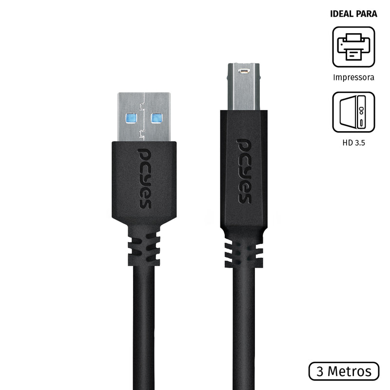 Cabo Para Impressora E Hd Externo Usb A 3.0 Macho Para Usb B 3.0 Macho 28awg Puro Cobre 3 Metros - Puabm3-3