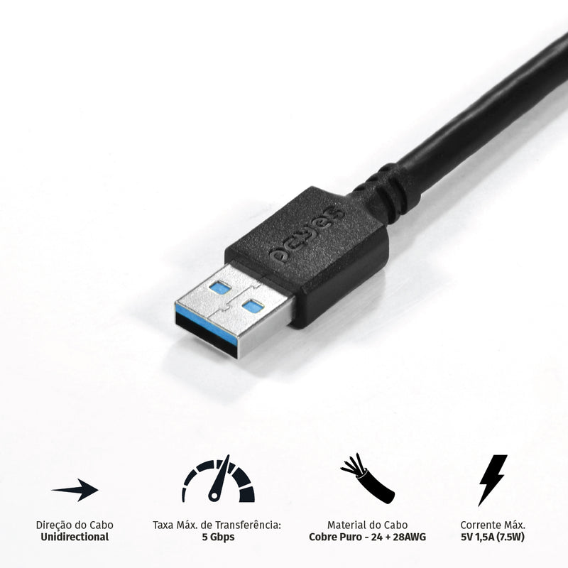 Cabo Extensor Usb A 3.0 Macho Para Usb A 3.0 Fêmea 28awg Puro Cobre 2 Metros - Puamf3-2