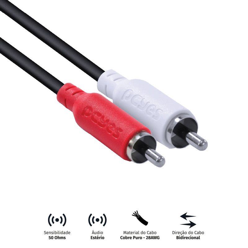 CABO DE ÁUDIO 2 RCA MACHO PARA 2 RCA MACHO 28AWG PURO COBRE 2 METROS - P2R-2