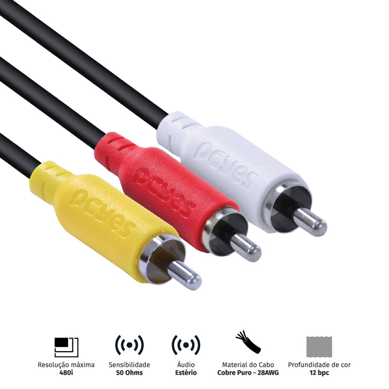 Cabo De Vídeo Composto 3 Rca Macho Para 3 Rca Macho 28awg Puro Cobre 2 Metros - P3r-2