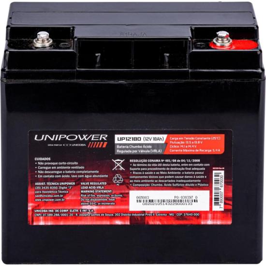 Bateria Estacionária Selada 12V/18A VRLA UP12180 UNIPOWER