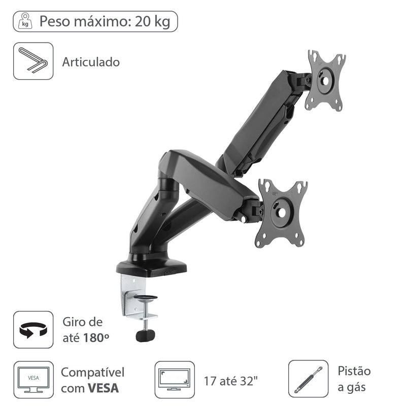 Suporte A Gás Para 2 Monitores 17"" A 32"" Vesa 100x100 Sm-341b