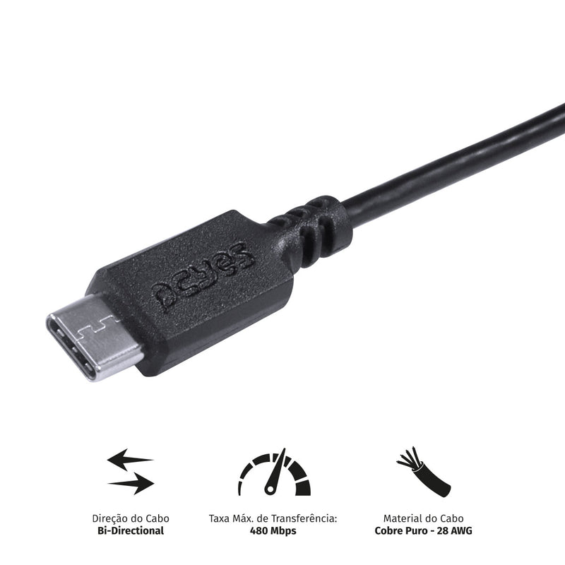 Cabo Para Celular Smartphone Usb A 2.0  Para Usb Tipo C Para 2 Metros Preto - Puacp-02