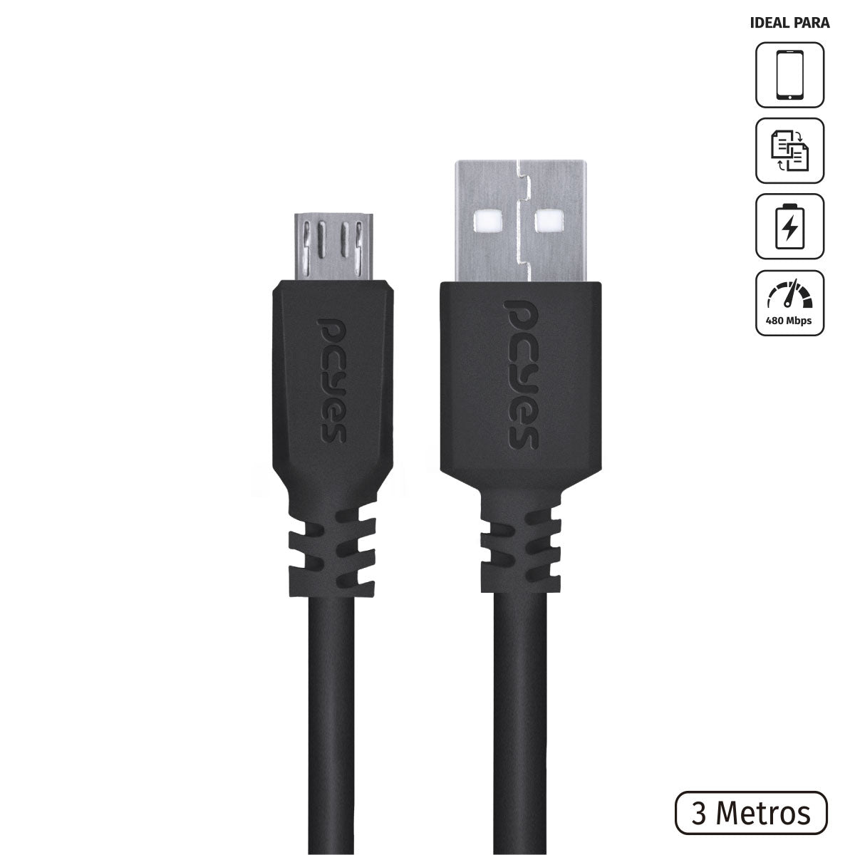 Cabo Para Celular Micro Usb Para Usb A 2.0 3 Metros Preto - Pmuap-3