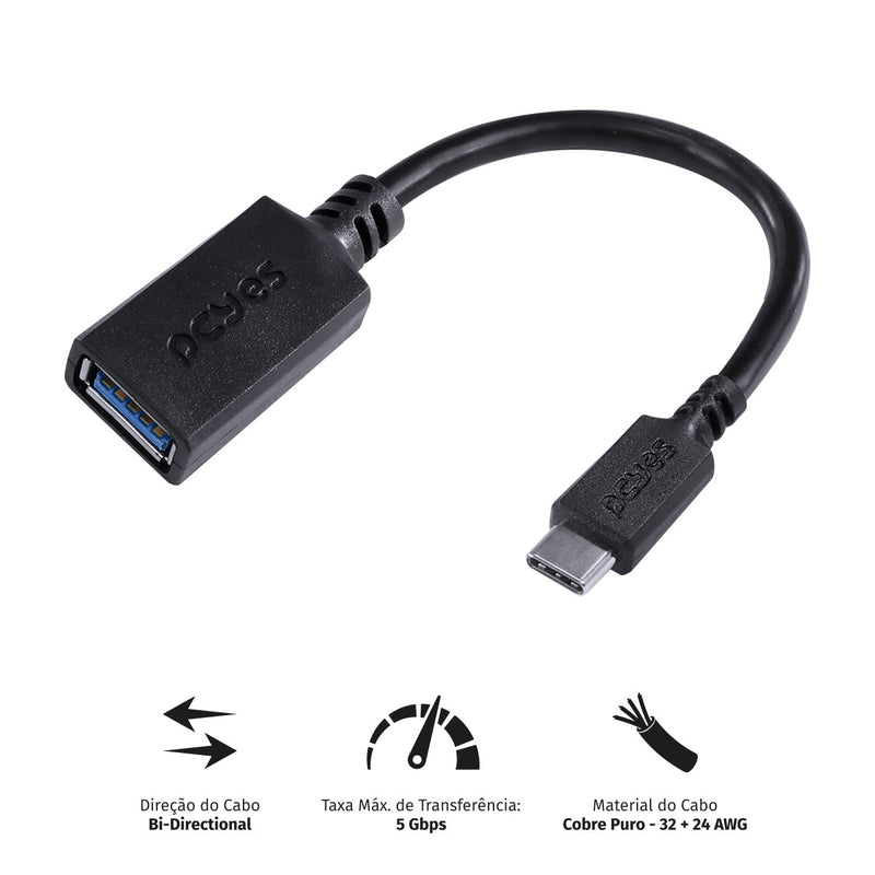 Adaptador Otg Tipo C Para Usb A 3.0 Para Celular Smartphone 15 Cm Preto - P3amup-15