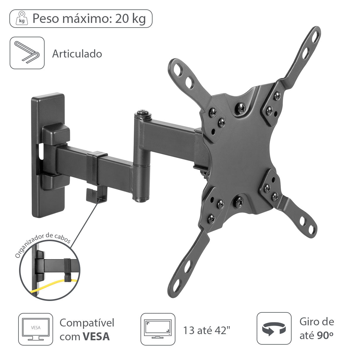 Suporte Para Tv De 13" A 42" Articulado Com Inclinação Organizador De Cabo - St210b