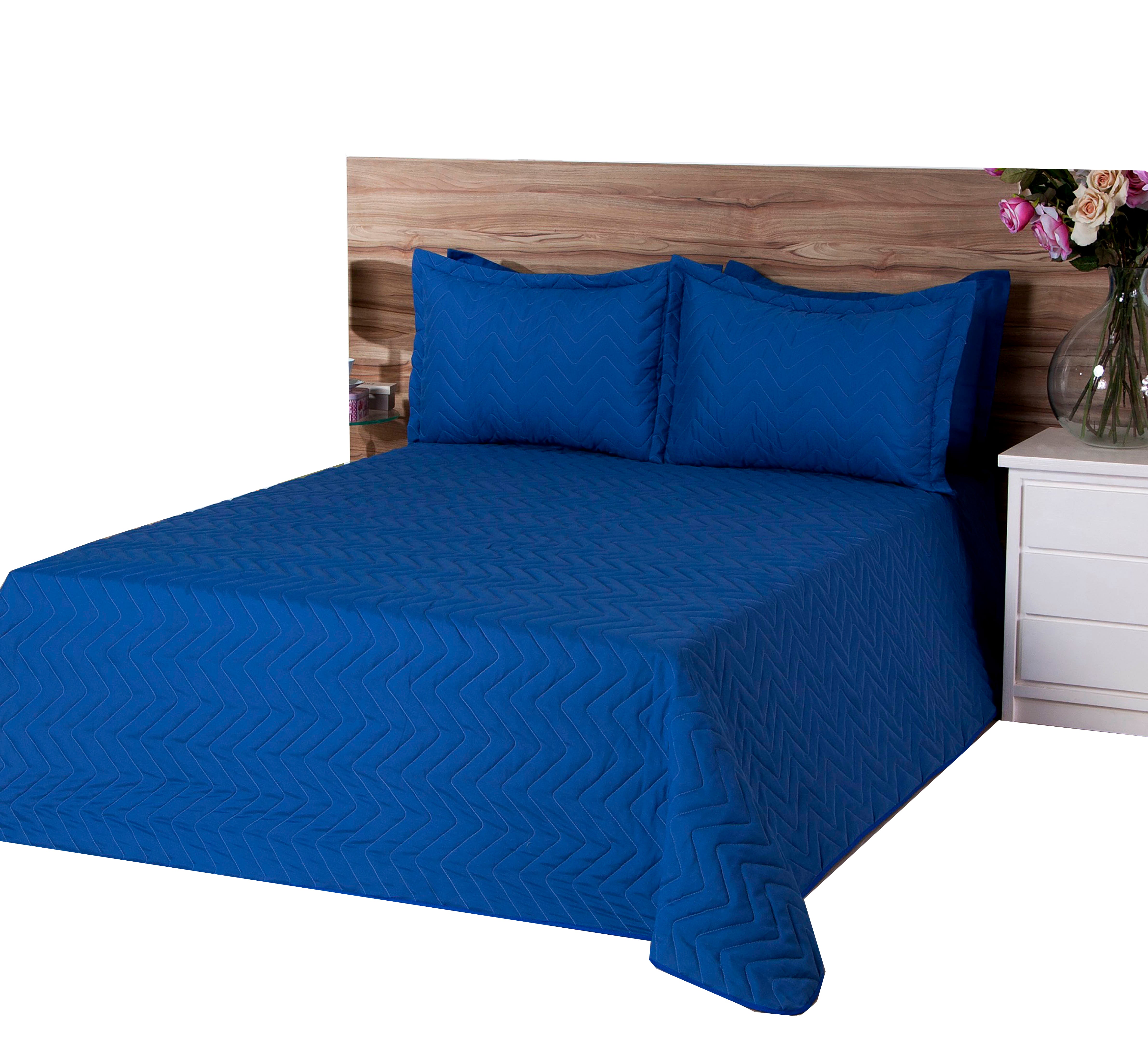 Cobre Leito Matelassado Casal Queen Classic 03 Pçs  Azul