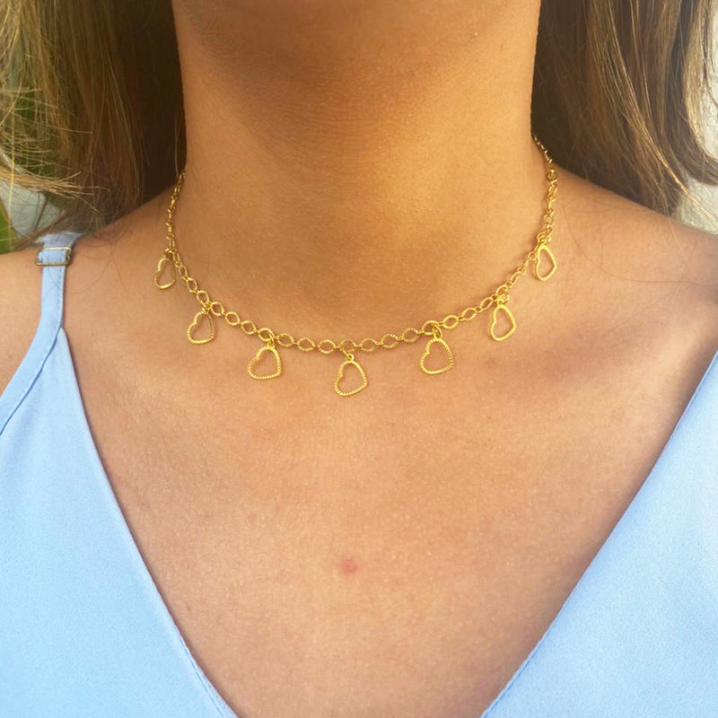 Choker Com Corações Folheado Em Ouro 18k