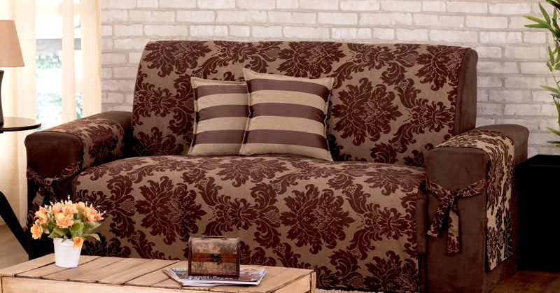 Capa Protetora De Sofa Jacquard 02 E 03 Lugares Com Almofadas Marrom