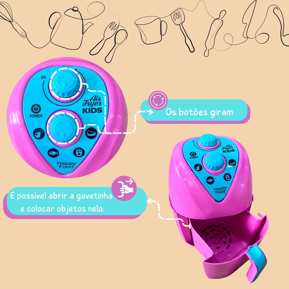 Air Fryer De Brinquedo Cozinha Infantil Abre E Fecha Menina