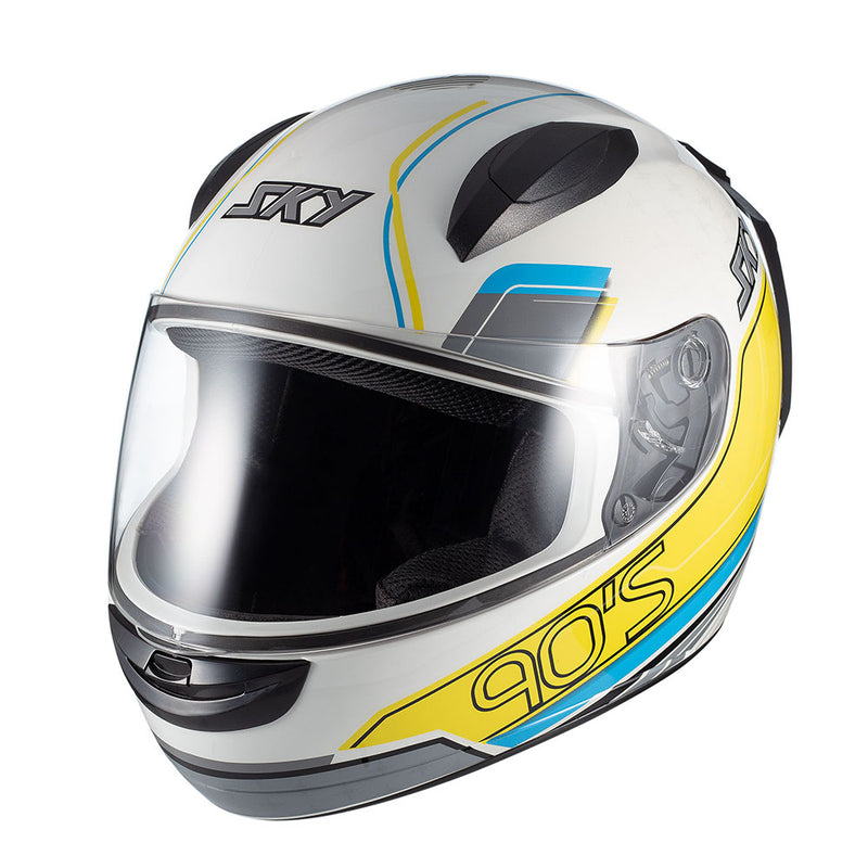 Capacete Sky Two Anos 90 Branco Brilh Transf Azul/amarelo 56