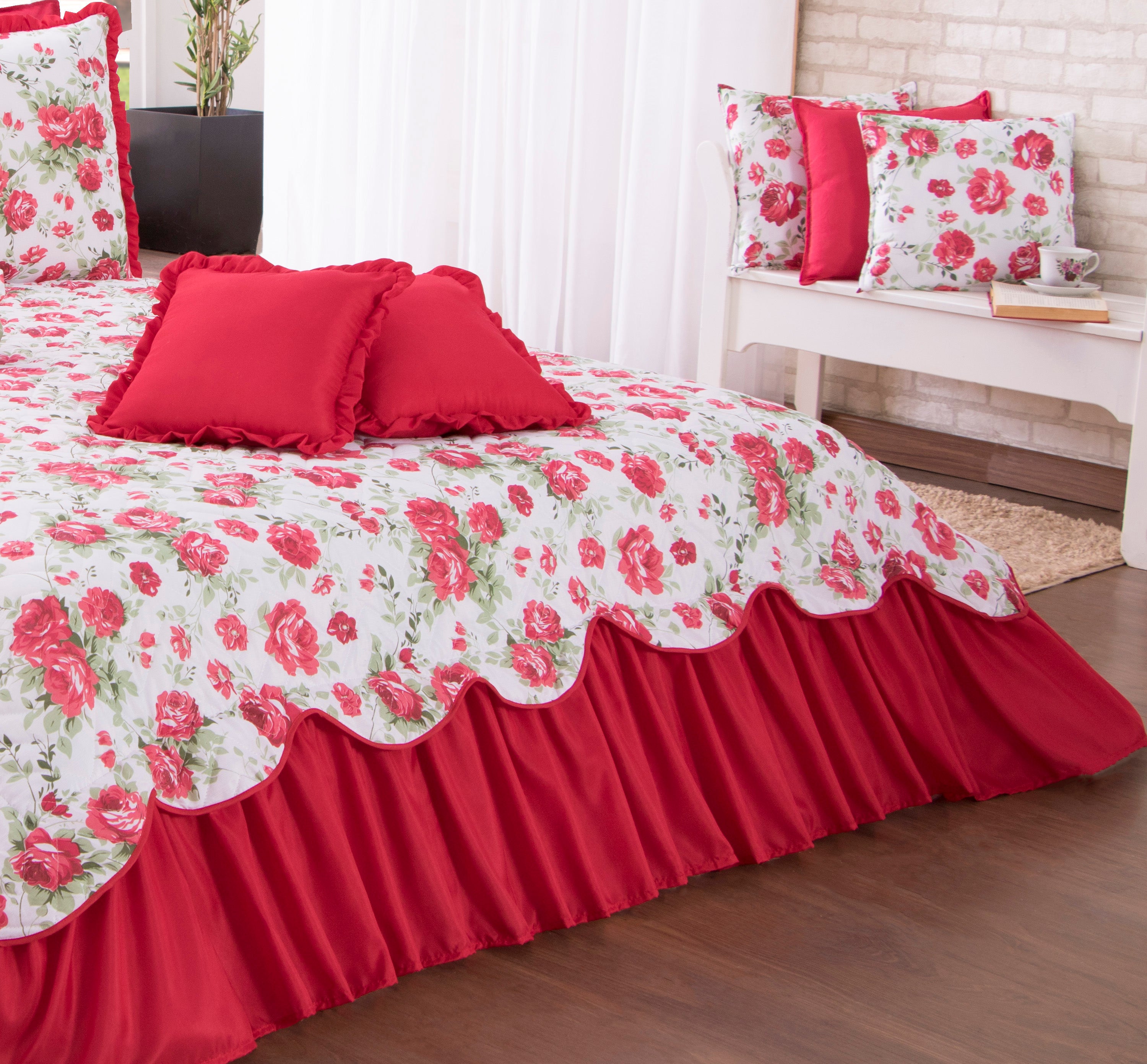 Kit Colcha Cobre Leito Belize Casal Queen 06 Pçs Floral Vermelho