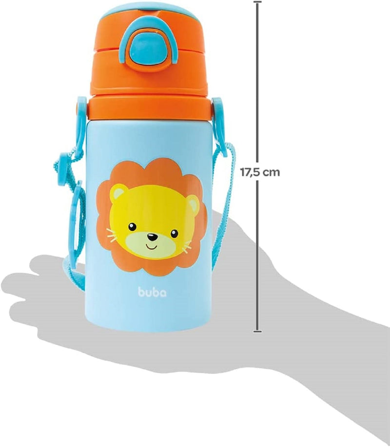 Garrafinha Aluminio Com Canudo Animal Fun Leao 400ml - Buba