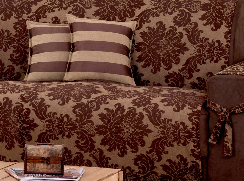 Capa Protetora De Sofa Jacquard 02 E 03 Lugares Com Almofadas Marrom