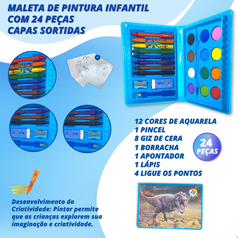 Kit 2 Maletas De Pintura Infantil Estojo Escolar 24 Peças