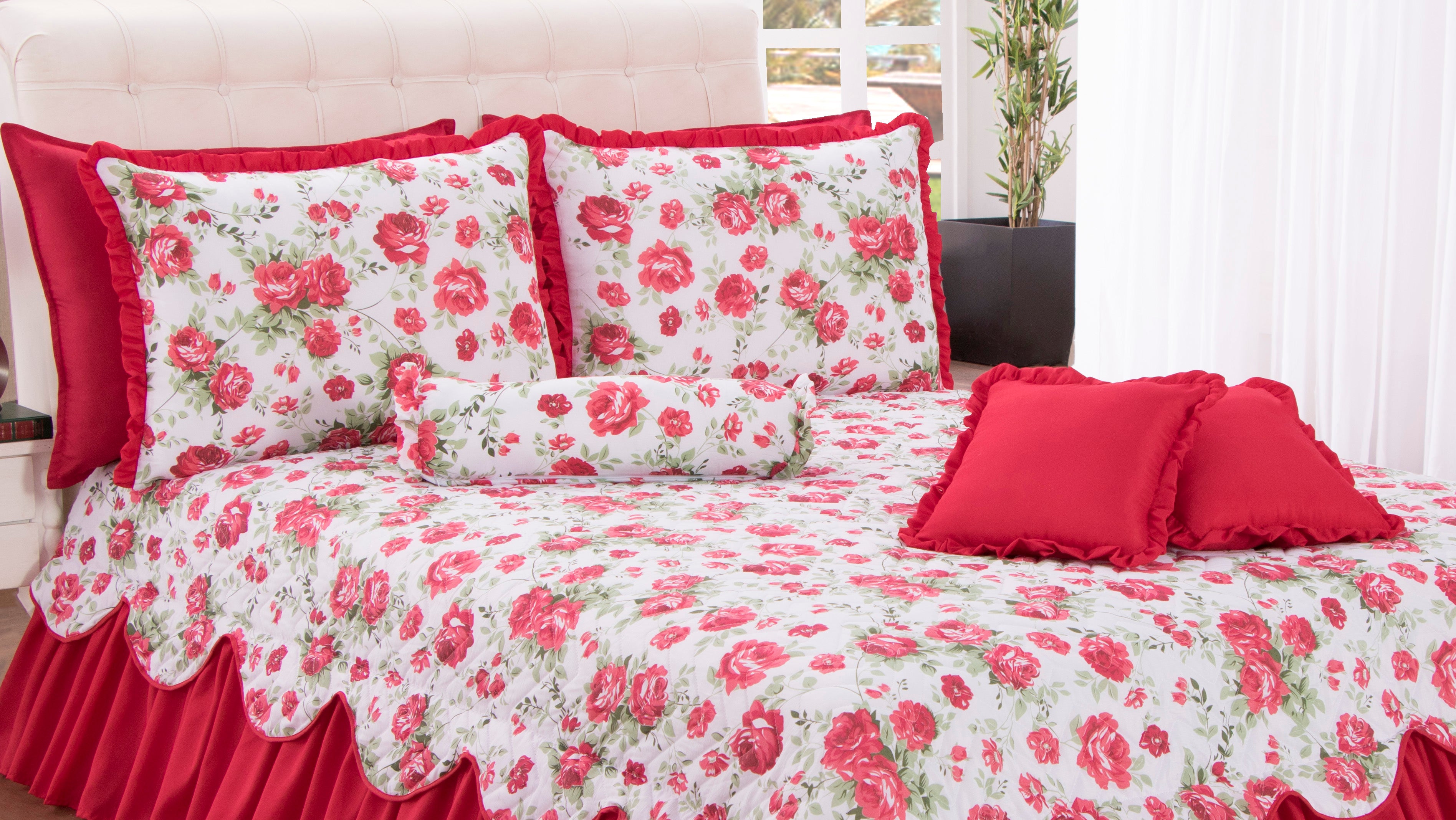 Kit Colcha Cobre Leito Belize Casal Queen 06 Pçs Floral Vermelho