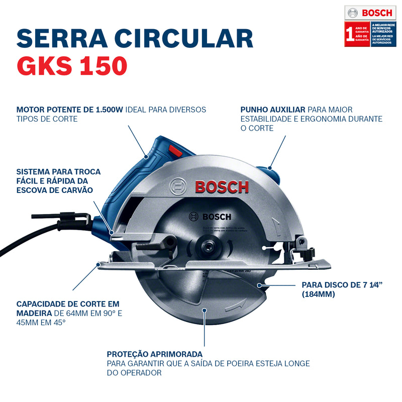 Serra Circular 1500w C/ 2 Discos E Guia Paralelo - Bosch Gks150-2d 220v