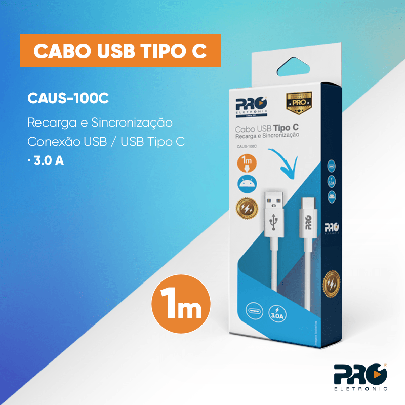 Cabo Usb Tipo C Para Celular Smartphone Com 1 Metro - Caus-100c Proeletronic