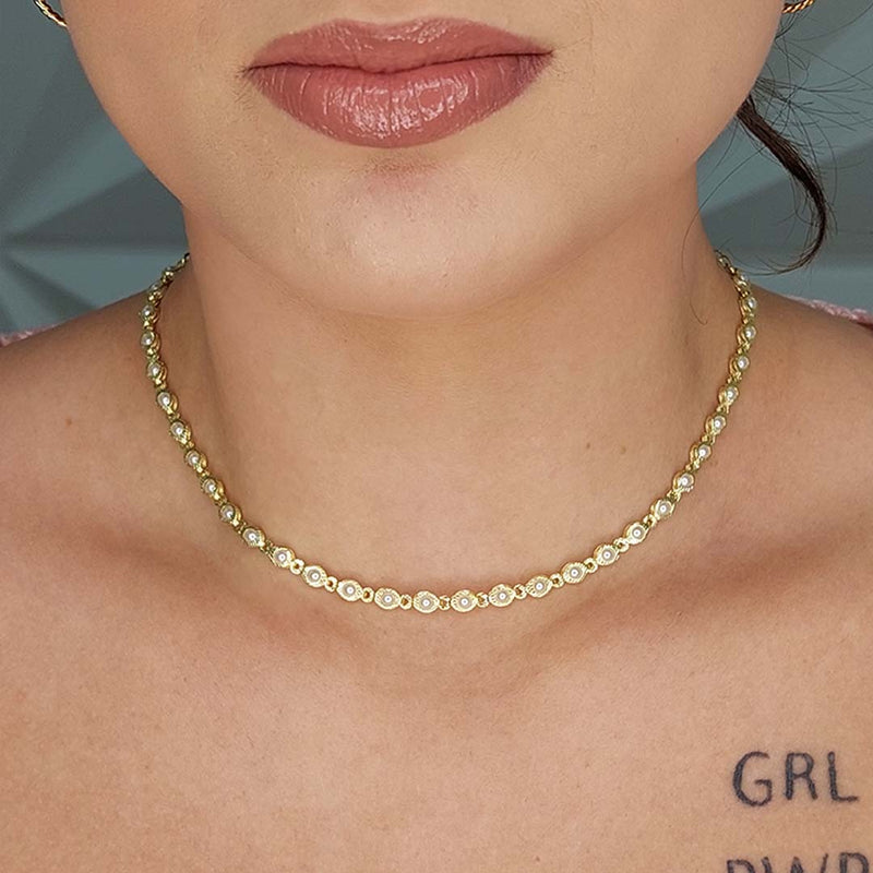 Choker Com Corrente De Mini Pérolas Folheado Em Ouro 18k