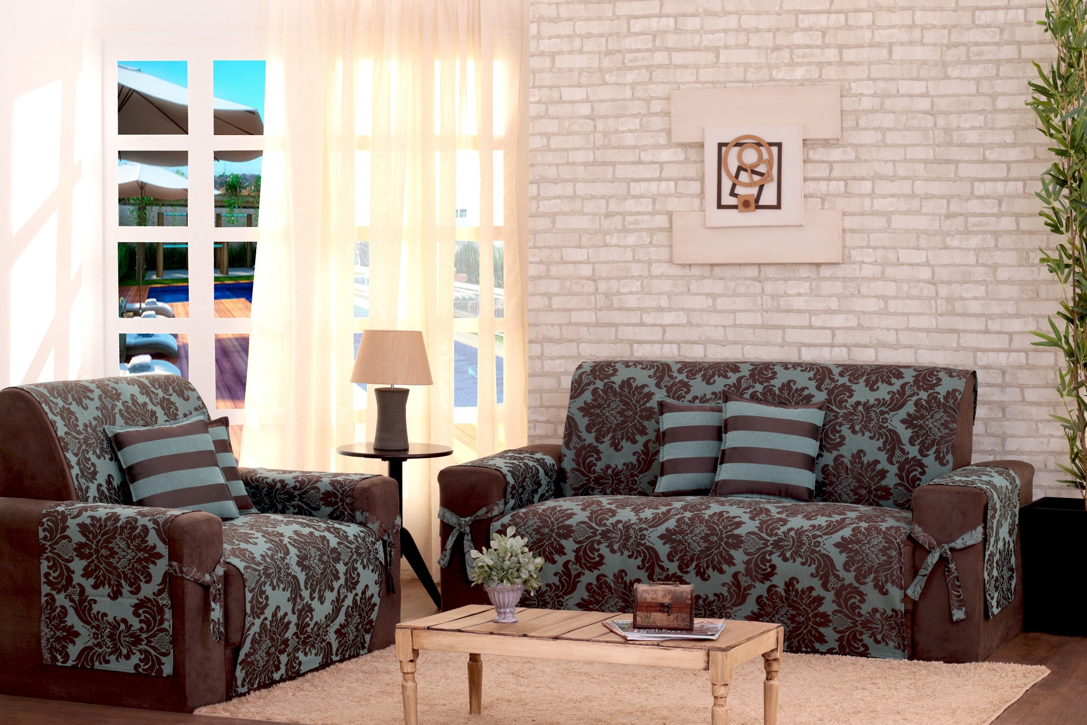 Capa Protetora De Sofa Jacquard 02 E 03 Lugares Com Almofadas Verde