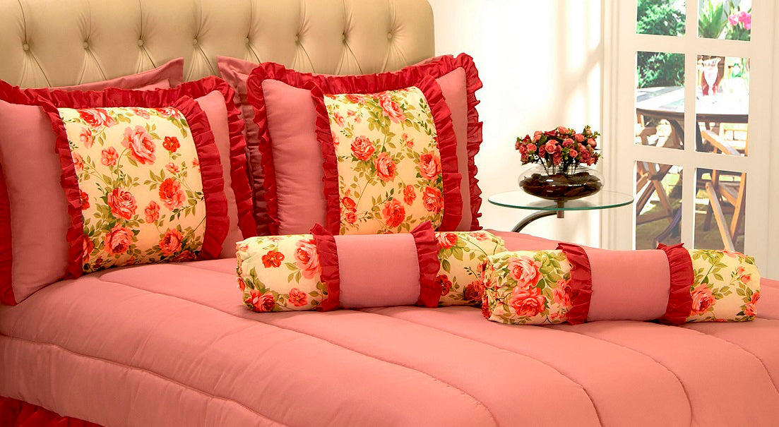 Kit Colcha Edredon Florença Casal Queen 05 Pçs Rose