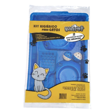 Kit Higiênico bandeja para gatos caixa de areia para gatos com 2 comedouros, 2 bolinhas de guizo, 1 pazinha e 1 bandeja