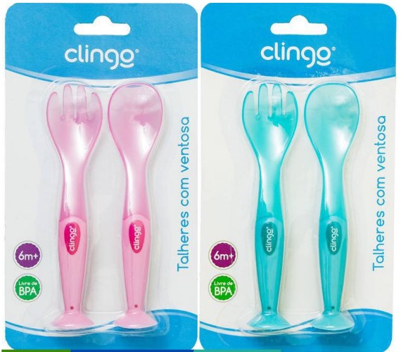 Kit Colher E Garfo Infantil Com Ventosa E Ponta De Silicone Bebê Clingo