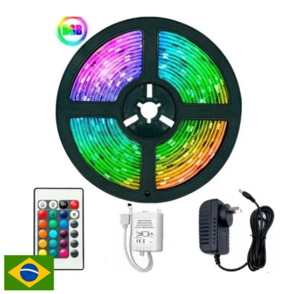 Kit Fita Led ip-65 Rgb 3528 / 5050 5 Metros + Controle + Fonte 07Cores Colorida 300 Leds Aprova D'agua 12v