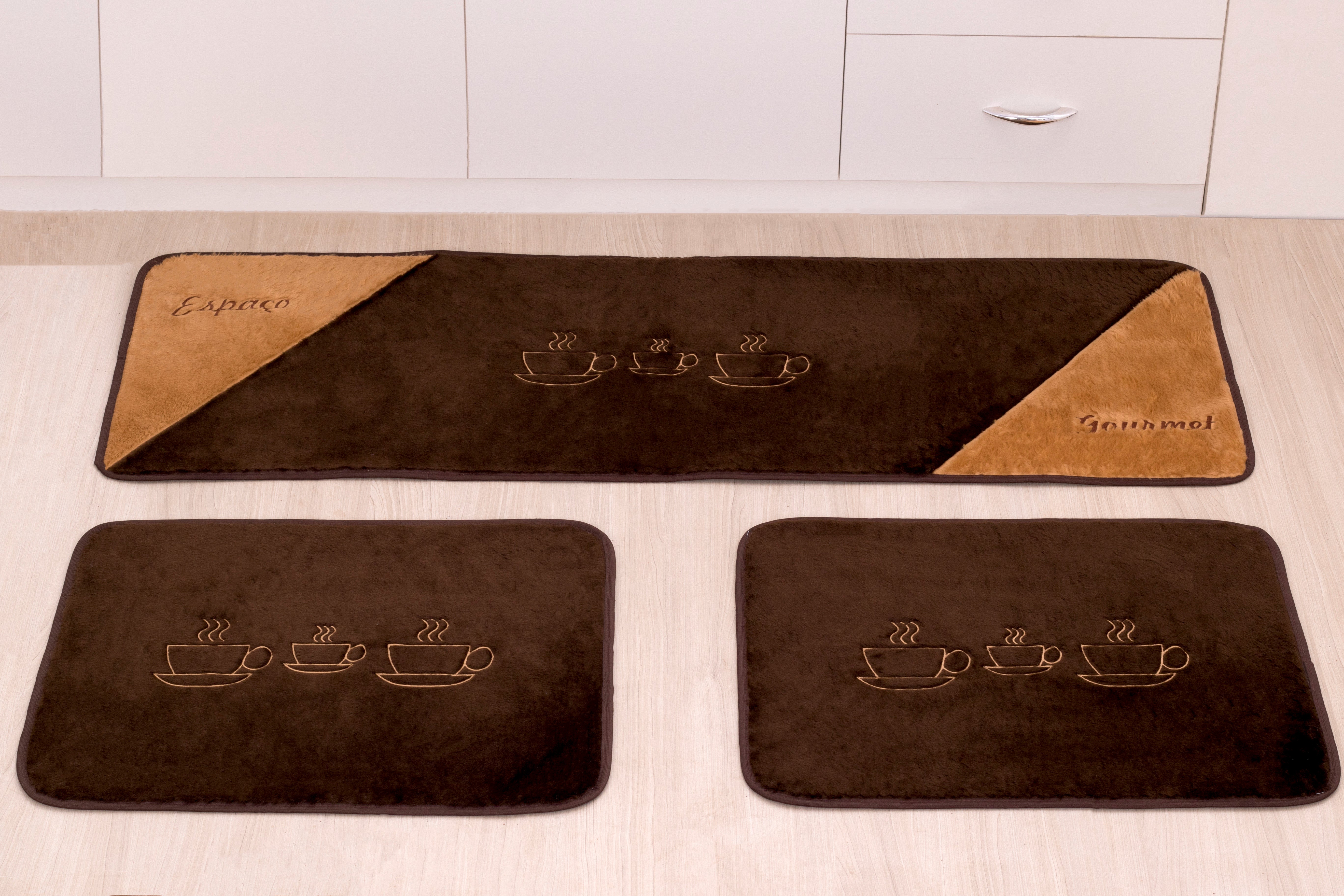 Kit De Tapetes De Cozinha Passadeira Gourmet Marrom 03 Peças