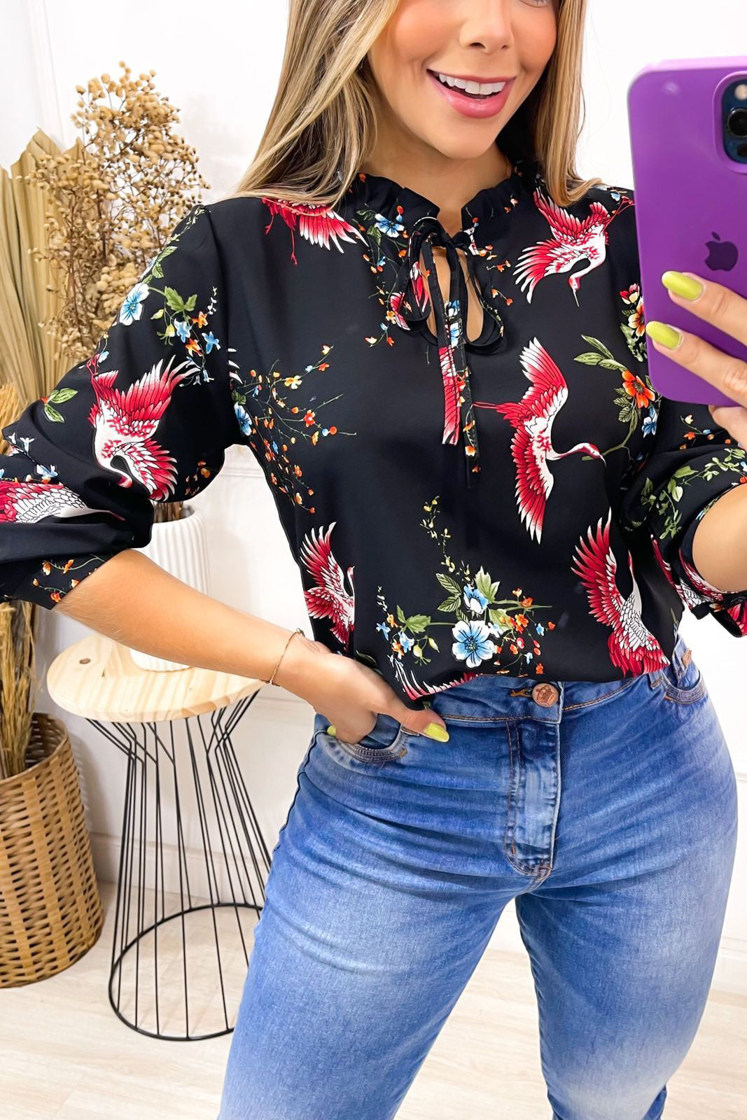 Blusa Crepe Manga Longa Beija Flor