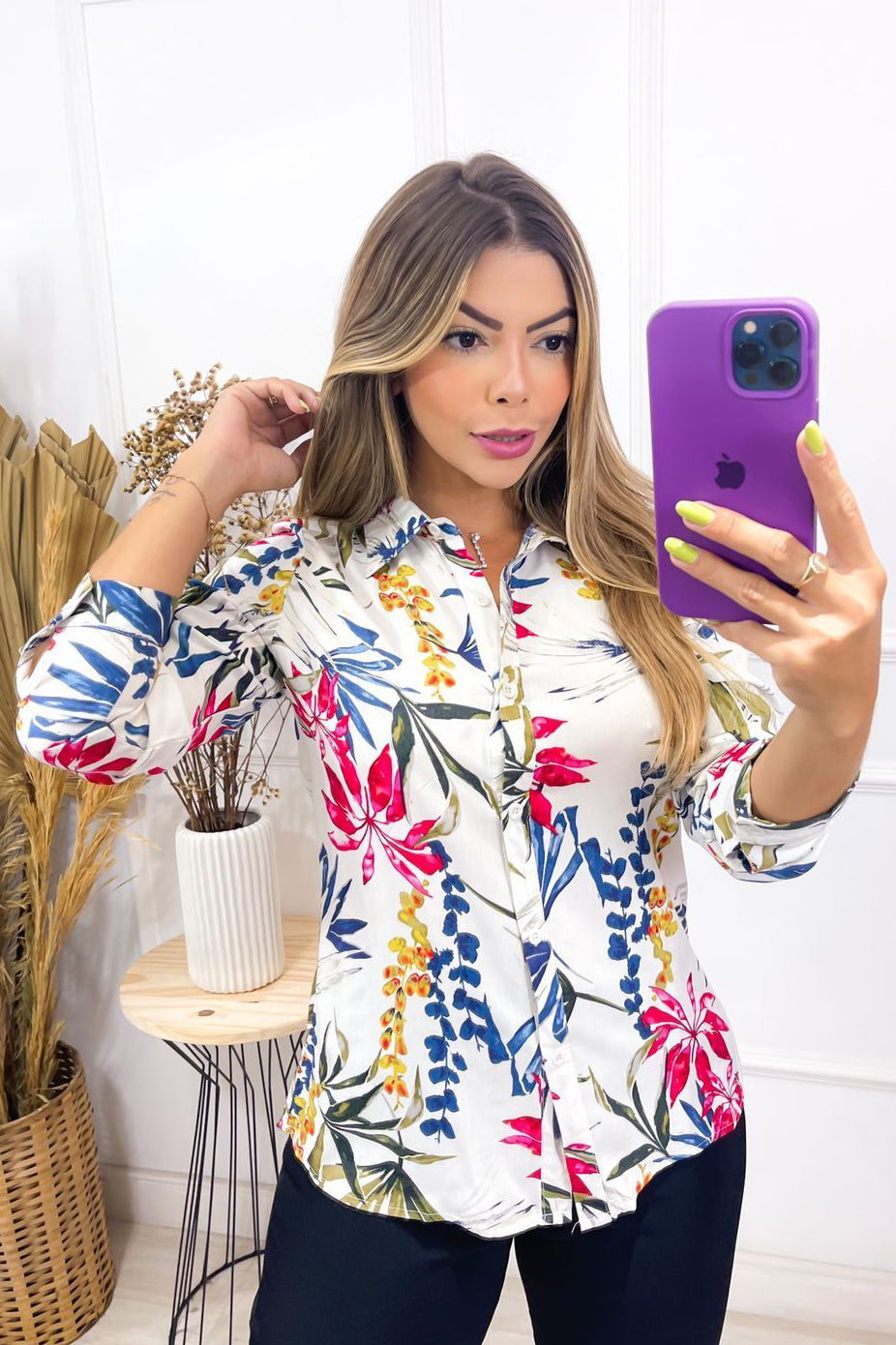 Blusa Crepe Manga Longa Folhagem