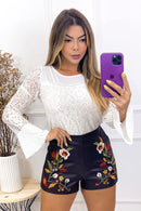 Body Crepe Rendado Floral Manga Longa