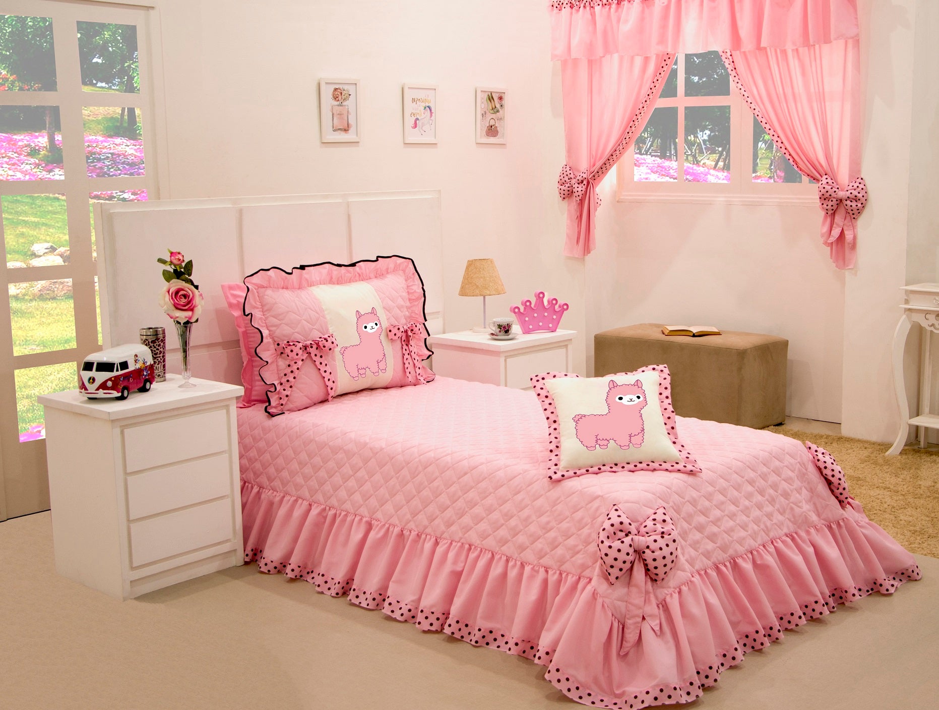 Colcha Cobre Leito Solteiro Lhama 03 Pçs Rosa
