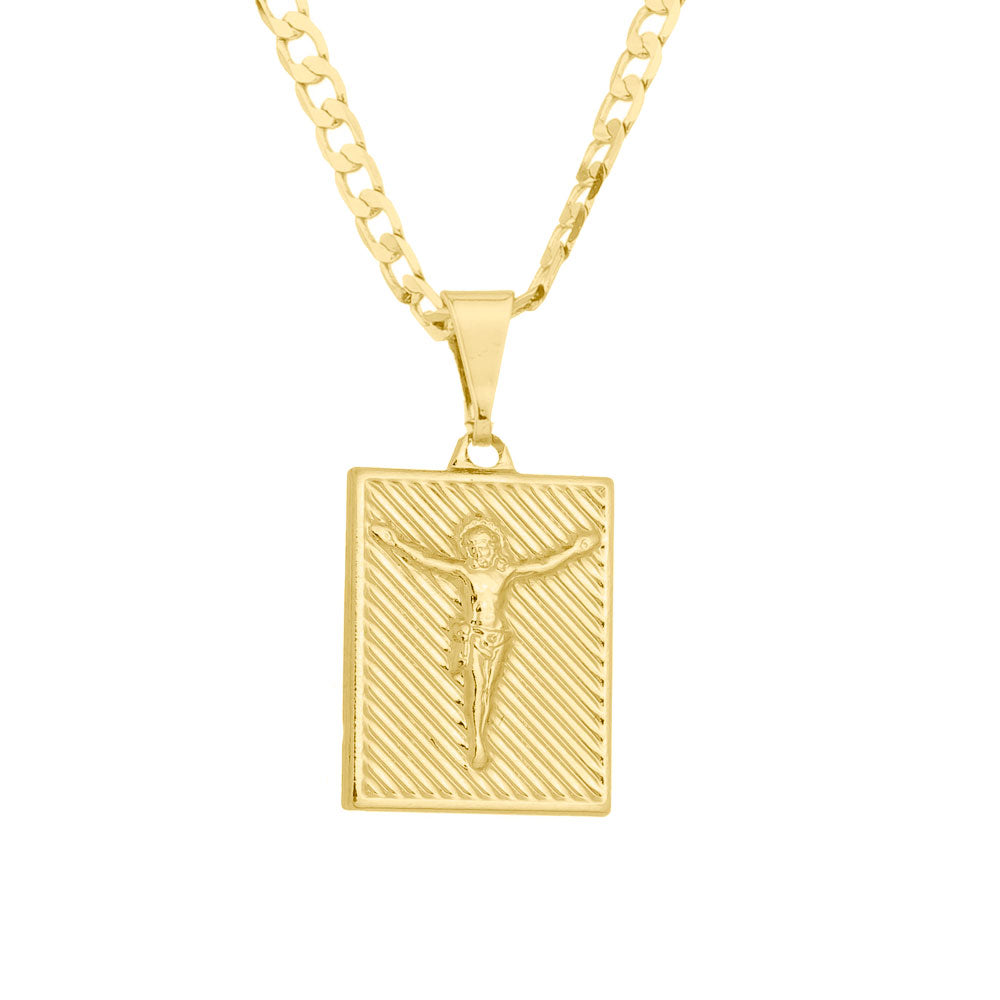 Corrente Grumet Fecho Gaveta 2,5mm - 6g - 70 Cm + Pingente Placa Texturizada Cristo - 1,5 X 1,2 Cm