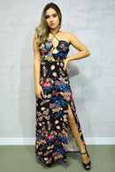 Vestido Longo Preto Estampado Fenda Frontal