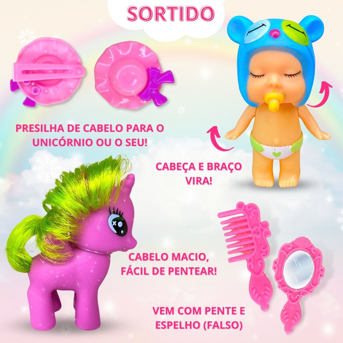 Unicórnio Com Boneca De Vinil C/cabelo Acessórios Brinquedo