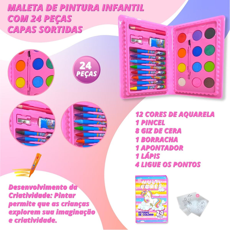 Kit 2 Maletas De Pintura Infantil Escolar Estojo 24 Peças