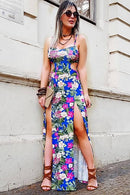 Vestido Longo Alças Azul Estampado Floral Fendas