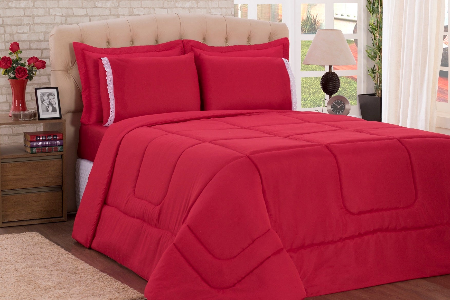 Kit De Edredon E Jogo De Cama Angelo Queen Size 05 Peças Vermelho - Deccoralle