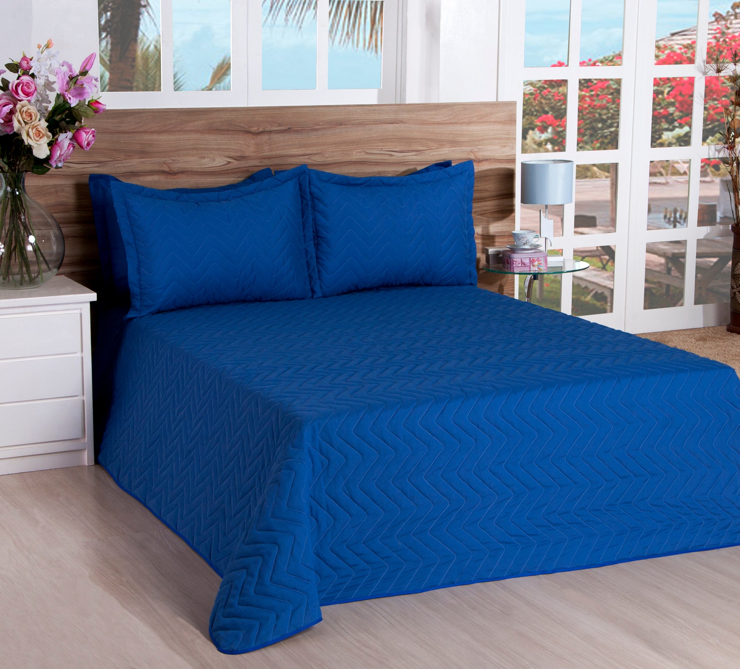 Cobre Leito Matelassado Casal Queen Classic 03 Pçs  Azul